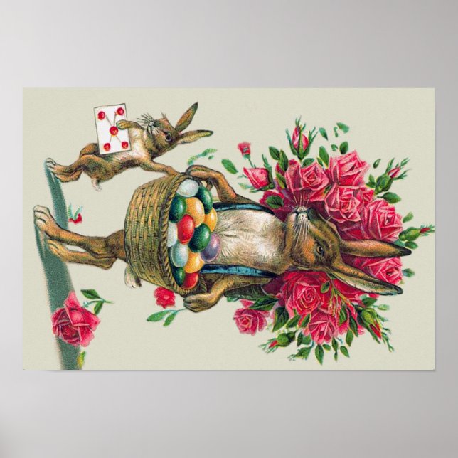 Poster Pâques lapin papa enfant Rose panier oeuf (Devant)