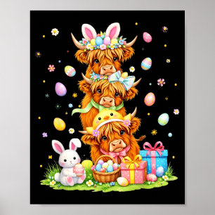 Poster Pâques vaches highland coquette noeud lapin oeufs