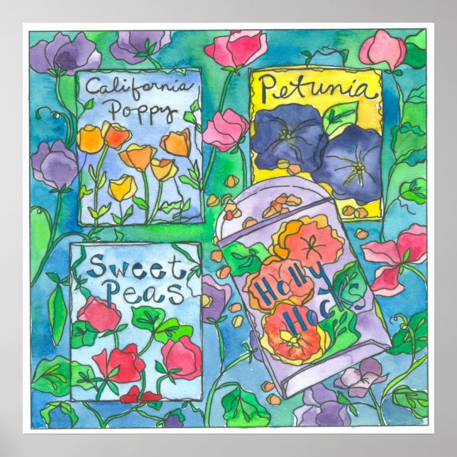 Poster Paquets de graines de fleurs d'aquarelle (Devant)
