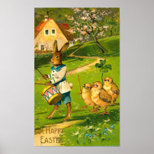 Poster Parade De Pâques Avec Lapin Et Poussins Vintage