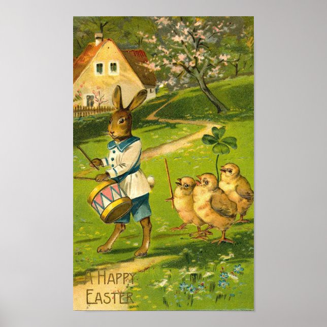 Poster Parade De Pâques Avec Lapin Et Poussins Vintage (Devant)
