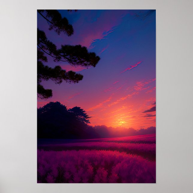 Poster Paradis pourpre, coucher de soleil sur un champ (Devant)