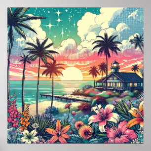 Poster Paradis rose et turquoise   Art de la plage