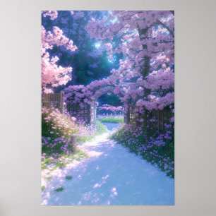 Poster Paradis rose, Jardin de fleurs de cerisiers
