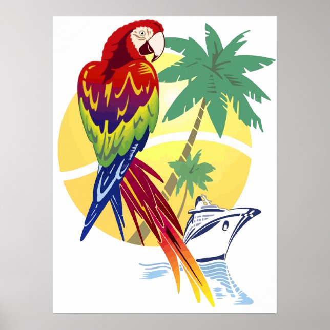 Poster Paradis tropical avec Macaw et Cruise Ship (Devant)