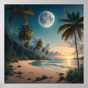 Poster paradis tropical la nuit, avec palmiers