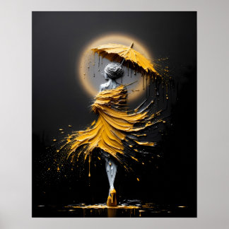 Poster Parapluie Silhouette Jaune Impasto