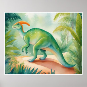 Poster Parasauralophus Aquarelle Dinosaure Nursey Art