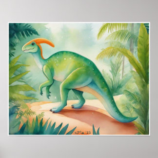 Poster Parasauralophus Aquarelle Dinosaure Nursey Art