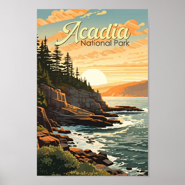 Poster Parc national Acadia Illustration Rétro (Devant)
