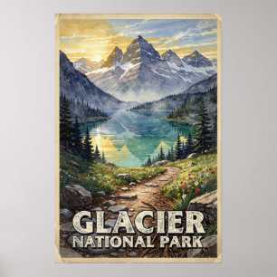 Poster Parc national de Glacier aquarelle Rétro