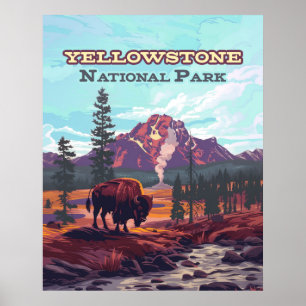 Poster Parc national de Yellowstone Wyoming Bison Geyser