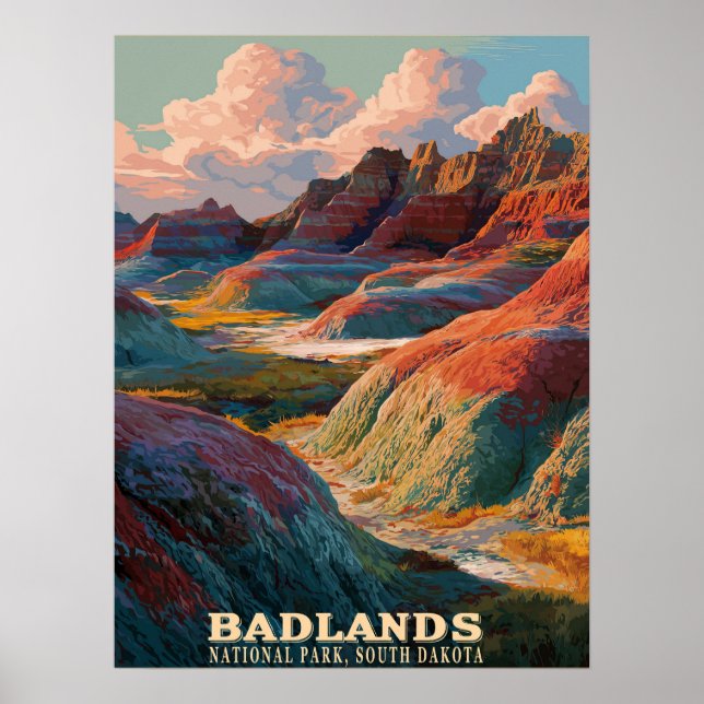 Poster Parc national des Badlands - Paysage accidenté de  (Devant)