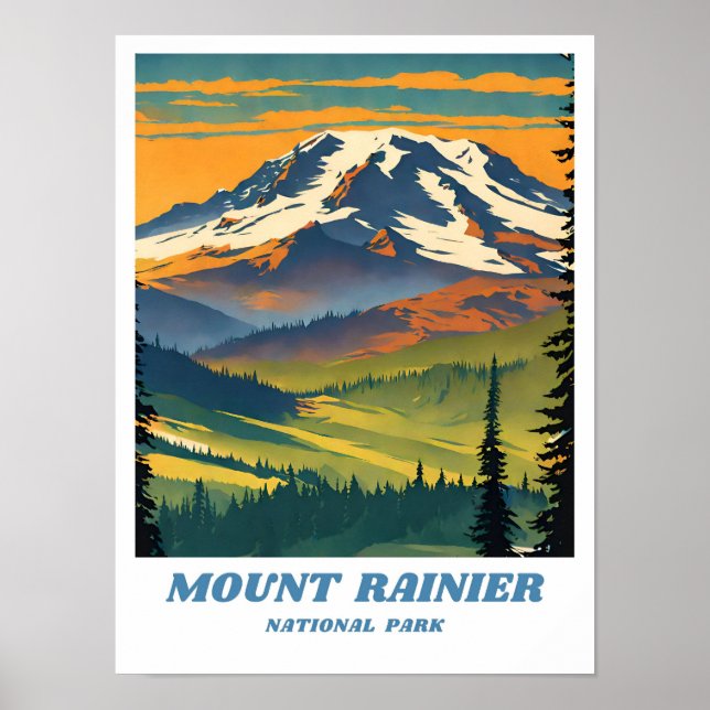Poster Parc national du Mont-Rainier illustration retro V (Devant)