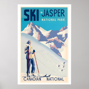 Poster Parc national Jasper Canada Femme Ski Vintage