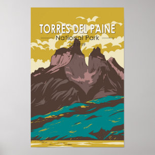 Poster Parc national Torres del Paine Chili Art Vintage