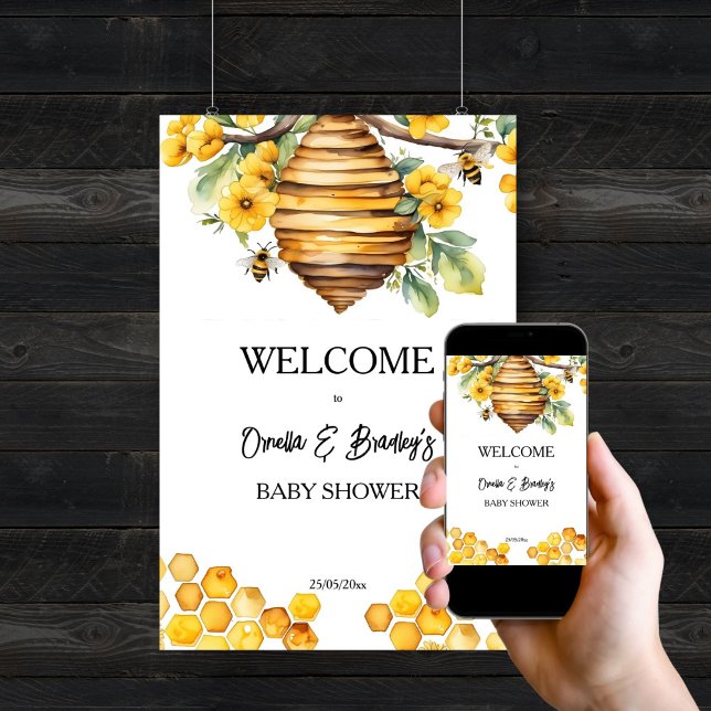 Poster Parents à abeilles miel baby shower signe de bienv (Parents to bee honey bee baby shower welcome sign editable template digital download beehive yellow)