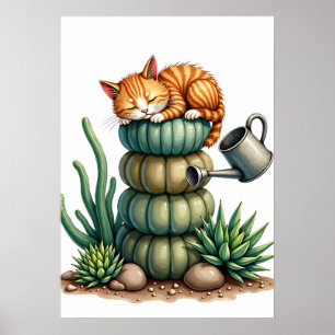 Poster Parents de plantes Chat qui fait la sieste Succule