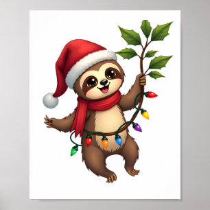 Poster Paresseux de lumières de Noël portant un chapeau d