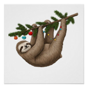 Poster Paresseux joyeux sur une branche d'arbre de Noël a