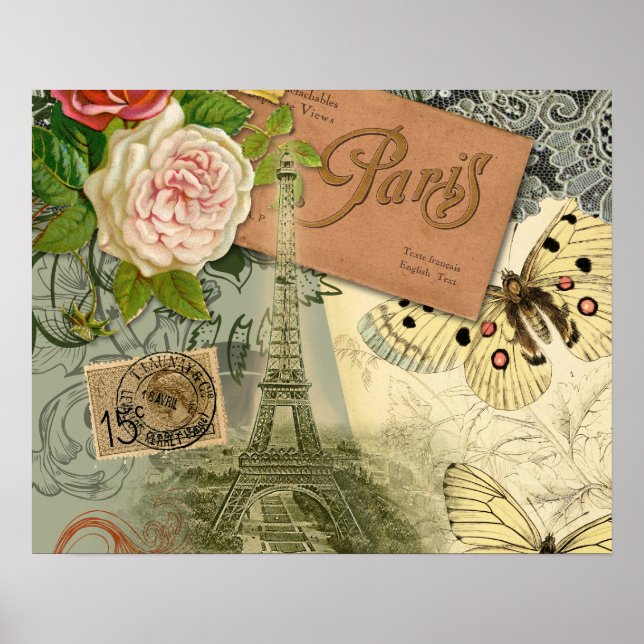Poster Paris France Art Antique Collage Eiffel Français (Devant)