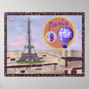 Poster Paris France avec la Tour Eiffel, caniche rose et 