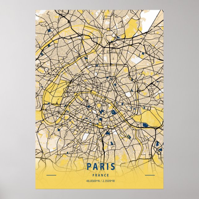 Poster Paris - France Carte de la ville jaune (Devant)