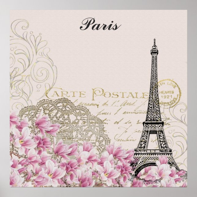 Poster Paris France Eiffel Tour Vintage Fleurs Roses Pos (Devant)