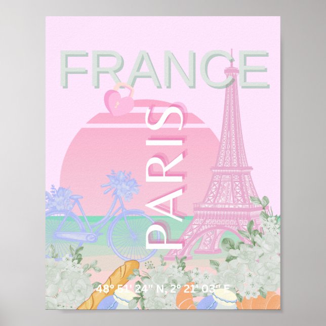 Poster Paris, France, Travel Art, Preppy, Pastel, Rose (Devant)