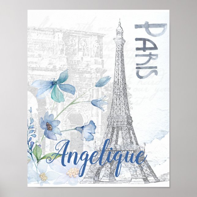 Poster Paris Scène et Fleurs Bleues Personnalisées (Devant)