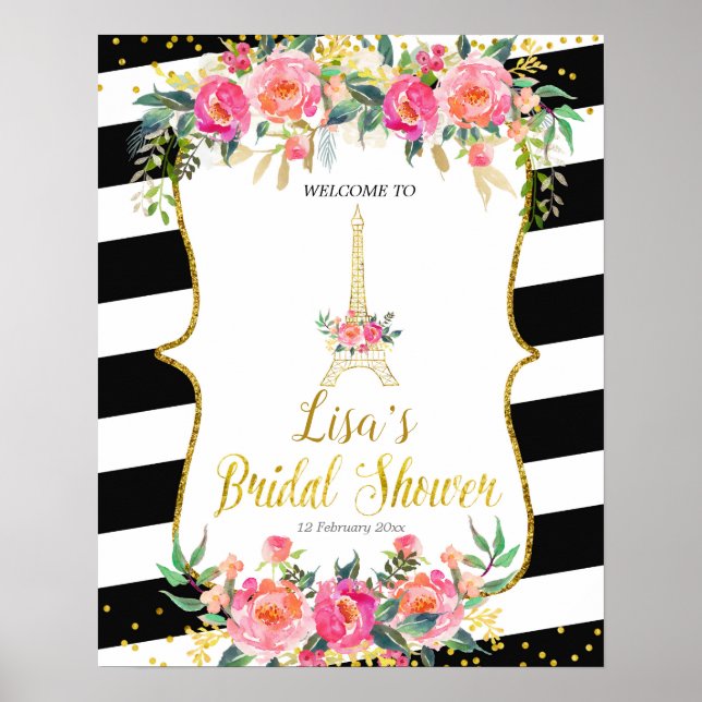 Poster Paris signe d'accueil romantique à fleurs roses (Devant)