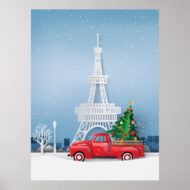 Poster Paris Tour Eiffel Camion Rouge Noël (Devant)