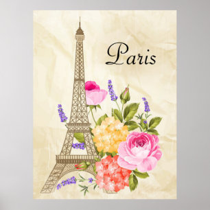 Poster Paris Tour Eiffel et Fleurs