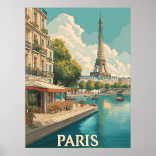 Poster Paris vintage : Tour Eiffel & Café Seine