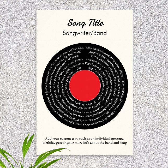 Poster Paroles de chanson personnalisées Disque vinyle ré (This cool retro record poster features your own choice of lyrics, song title, band and footer text)