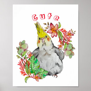 Poster Parrot Corella mignonne dans les fleurs tropicales