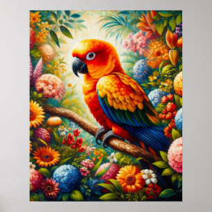 Poster Parrot Sun Conure aux fleurs colorées