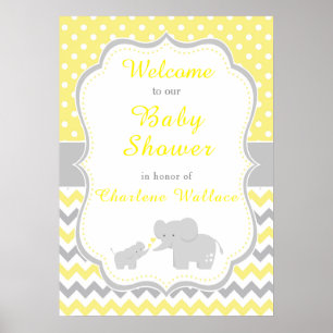 Poster Parti Eléphant Jaune et Gris Baby shower