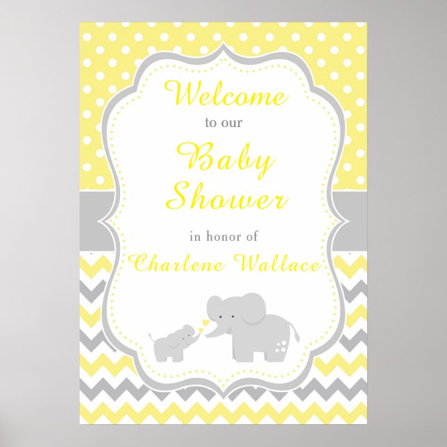 Poster Parti Eléphant Jaune et Gris Baby shower (Devant)