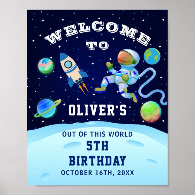 Poster Partie d'anniversaire de l'astronaute bleu de la M (Devant)
