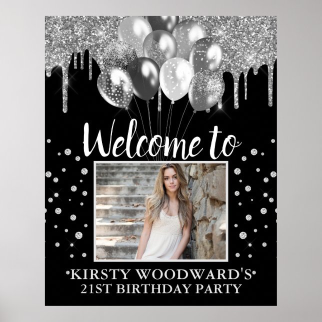 Poster Parties scintillant à goutte d'argent avec ballons (Devant)