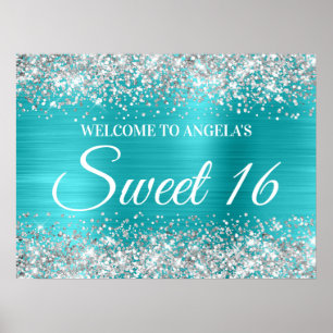 Poster Parties scintillant Argent Turquoise Bleu Sweet 16