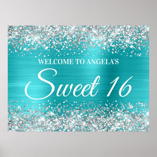 Poster Parties scintillant Argent Turquoise Bleu Sweet 16 (Devant)