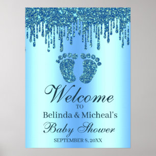 Poster Parties scintillant  Baby shower bleu pieds Affich
