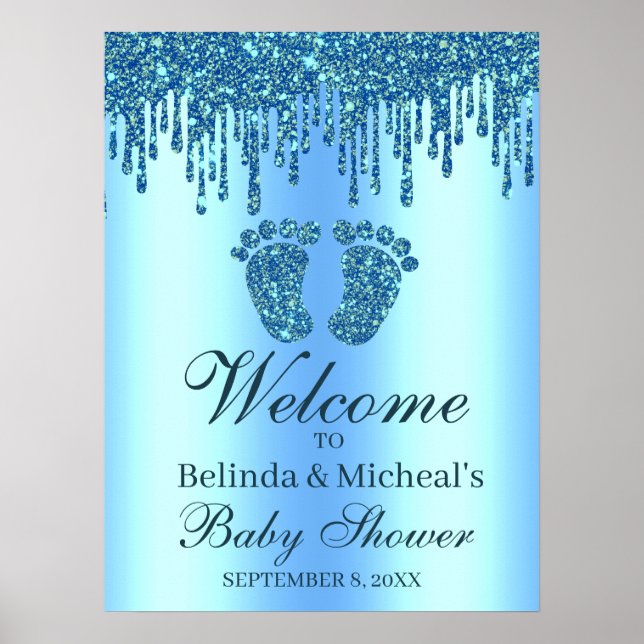 Poster Parties scintillant  Baby shower bleu pieds Affich (Devant)