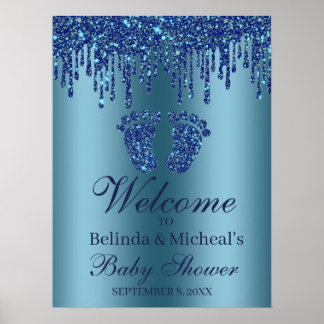 Poster Parties scintillant  Baby shower bleu pieds Affich