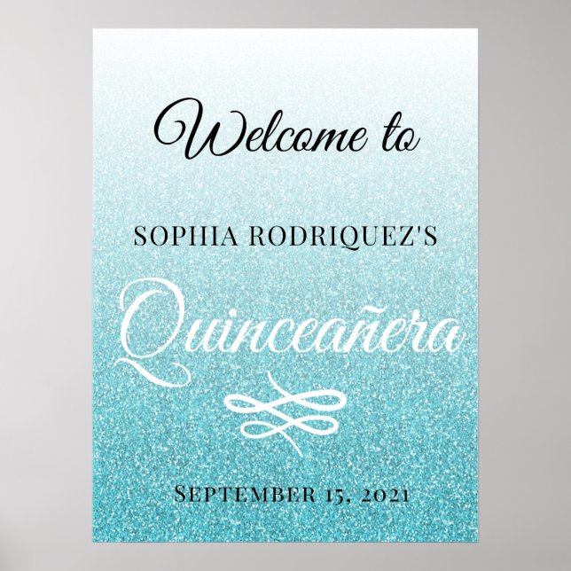Poster Parties scintillant bleue Quinceañera 15e annivers (Devant)