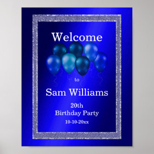 Poster Parties scintillant bleues et ballons d'anniversai