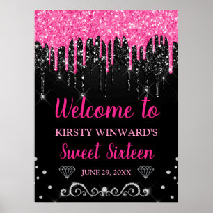 Poster Parties scintillant chaude rose et noire Sweet 16 