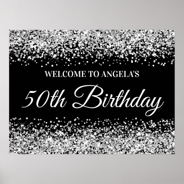Poster Parties scintillant d'argent Black 50th Birthday W (Devant)